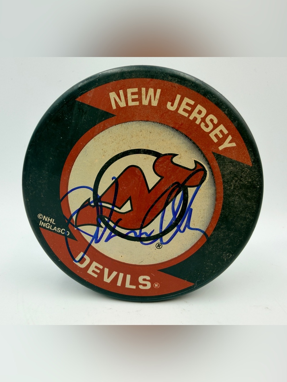 Vintage New Jersey Devils NHL Signed Autographed Inglasco Hockey Puck